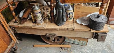 Industrial Rolling Cart, Antique Lineberry Wood and Cast Iron