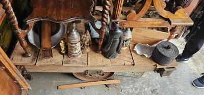 Industrial Rolling Cart, Antique Lineberry Wood and Cast Iron