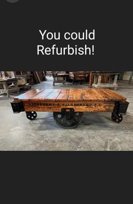 Industrial Rolling Cart, Antique Lineberry Wood and Cast Iron
