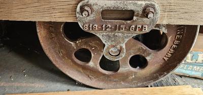 Industrial Rolling Cart, Antique Lineberry Wood and Cast Iron