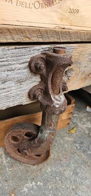 Industrial Rolling Cart, Antique Lineberry Wood and Cast Iron