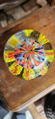 Vintage Art Glass Paperweight Yellow Flower