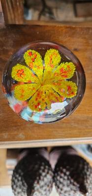 Vintage Art Glass Paperweight Yellow Flower
