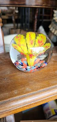 Vintage Art Glass Paperweight Yellow Flower