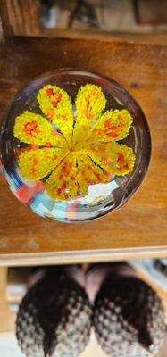 Vintage Art Glass Paperweight Yellow Flower