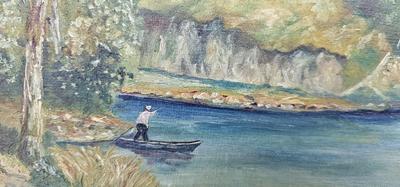 Vintage Painting Castle, man in boat, signed Krikor
