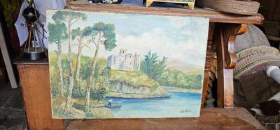 Vintage Painting Castle, man in boat, signed Krikor