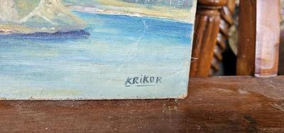 Vintage Painting Castle, man in boat, signed Krikor