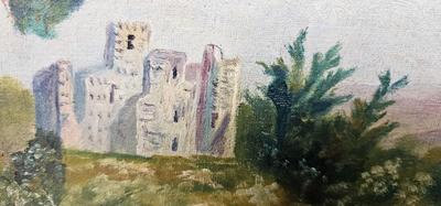 Vintage Painting Castle, man in boat, signed Krikor