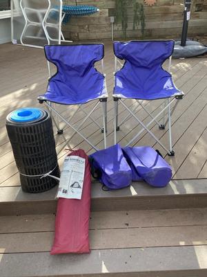 SMALL TENT, TRAVEL FOLDING CHAIRS, RIDGE REST SLEEP MATS