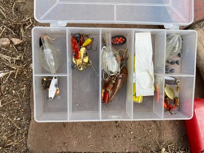 MITCHELL FISHING LURE, ROMAR NET, LOADED TACKLE BOX, HATCHET AND MORE!