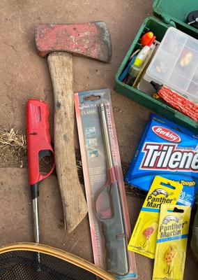 MITCHELL FISHING LURE, ROMAR NET, LOADED TACKLE BOX, HATCHET AND MORE!