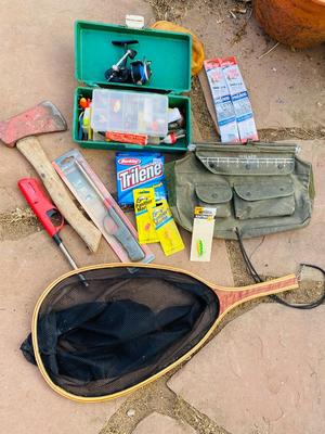 MITCHELL FISHING LURE, ROMAR NET, LOADED TACKLE BOX, HATCHET AND MORE!