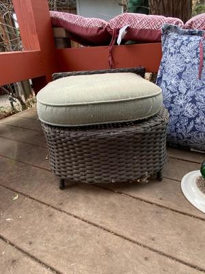 PATIO CHAIR CUSHIONS, PILLOW, OTTOMANS, AND A UNIQUE BIRD BATH