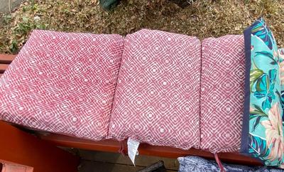 PATIO CHAIR CUSHIONS, PILLOW, OTTOMANS, AND A UNIQUE BIRD BATH