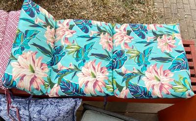 PATIO CHAIR CUSHIONS, PILLOW, OTTOMANS, AND A UNIQUE BIRD BATH