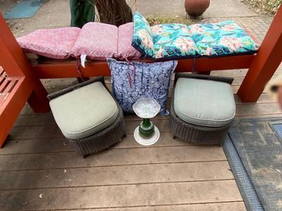PATIO CHAIR CUSHIONS, PILLOW, OTTOMANS, AND A UNIQUE BIRD BATH