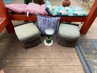 PATIO CHAIR CUSHIONS, PILLOW, OTTOMANS, AND A UNIQUE BIRD BATH