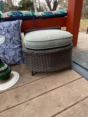 PATIO CHAIR CUSHIONS, PILLOW, OTTOMANS, AND A UNIQUE BIRD BATH