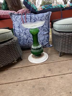 PATIO CHAIR CUSHIONS, PILLOW, OTTOMANS, AND A UNIQUE BIRD BATH