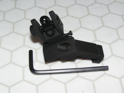45 degree quick flip-up rear sight For use close-in on scope equipped rifle.