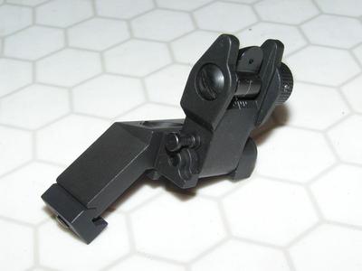 45 degree quick flip-up rear sight For use close-in on scope equipped rifle.