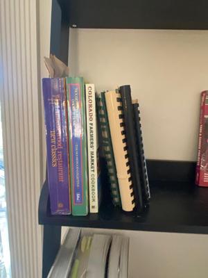 5 TIER LEANING LADDER SHELF WITH MOSTLY COOK BOOKS