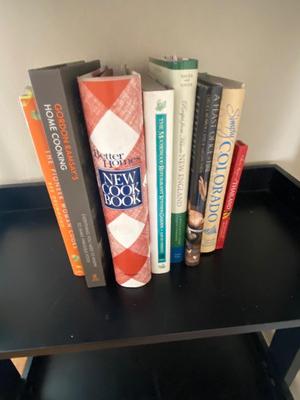 5 TIER LEANING LADDER SHELF WITH MOSTLY COOK BOOKS