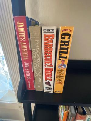 5 TIER LEANING LADDER SHELF WITH MOSTLY COOK BOOKS