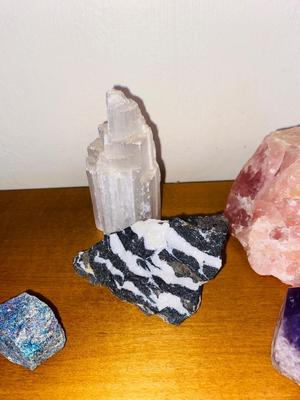 ROCKS-AMETHYST CRYSTAL, ROSE QUARTZ, WHITE SELENITE CRYSTAL, PEACOCK ORE/CHALCOPYRITE AND ZEBRA JASPER