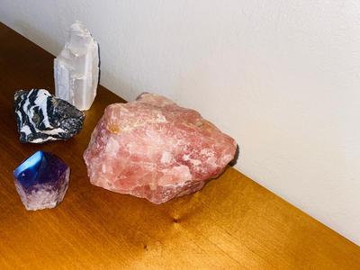 ROCKS-AMETHYST CRYSTAL, ROSE QUARTZ, WHITE SELENITE CRYSTAL, PEACOCK ORE/CHALCOPYRITE AND ZEBRA JASPER