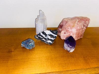 ROCKS-AMETHYST CRYSTAL, ROSE QUARTZ, WHITE SELENITE CRYSTAL, PEACOCK ORE/CHALCOPYRITE AND ZEBRA JASPER