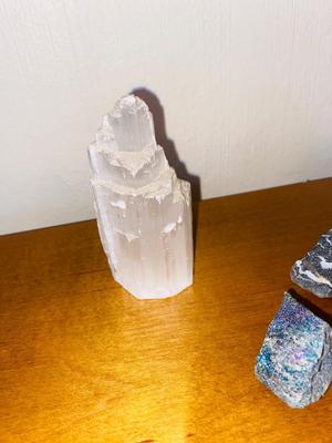 ROCKS-AMETHYST CRYSTAL, ROSE QUARTZ, WHITE SELENITE CRYSTAL, PEACOCK ORE/CHALCOPYRITE AND ZEBRA JASPER