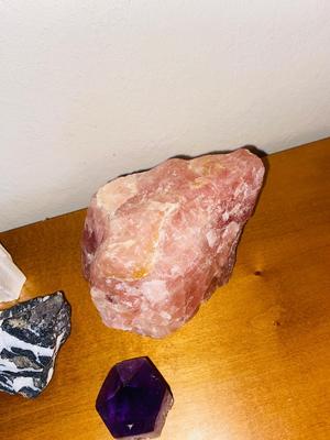 ROCKS-AMETHYST CRYSTAL, ROSE QUARTZ, WHITE SELENITE CRYSTAL, PEACOCK ORE/CHALCOPYRITE AND ZEBRA JASPER