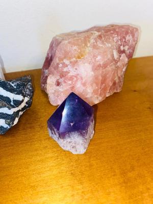 ROCKS-AMETHYST CRYSTAL, ROSE QUARTZ, WHITE SELENITE CRYSTAL, PEACOCK ORE/CHALCOPYRITE AND ZEBRA JASPER
