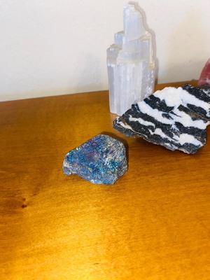 ROCKS-AMETHYST CRYSTAL, ROSE QUARTZ, WHITE SELENITE CRYSTAL, PEACOCK ORE/CHALCOPYRITE AND ZEBRA JASPER