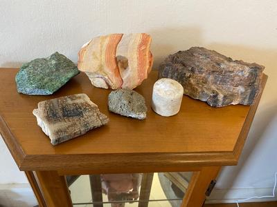 ROCKS-PETRIFIED WOOD, CORE SAMPLE, FUCHSITE QUARTZ, RAINBOW RHYOLITE, PYRITE (FOOLS GOLD)5