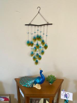 CERAMIC PEACOCK, GLASS PEACOCK FEATHER CHIME, & PEACOCK NIGHT LIGHT