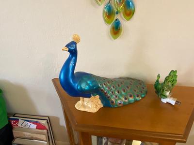 CERAMIC PEACOCK, GLASS PEACOCK FEATHER CHIME, & PEACOCK NIGHT LIGHT