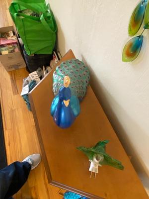 CERAMIC PEACOCK, GLASS PEACOCK FEATHER CHIME, & PEACOCK NIGHT LIGHT