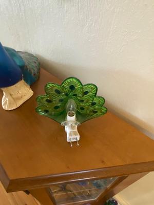 CERAMIC PEACOCK, GLASS PEACOCK FEATHER CHIME, & PEACOCK NIGHT LIGHT
