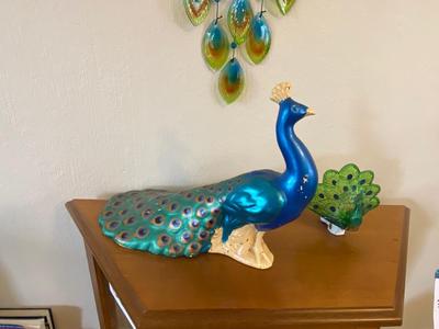 CERAMIC PEACOCK, GLASS PEACOCK FEATHER CHIME, & PEACOCK NIGHT LIGHT