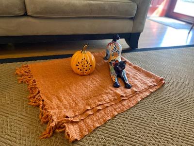 CERAMIC CAT, SOFT ORANGE THROW AND PORCELAIN PUMPKIN TEA-LIGHT CANDLE HOLDER