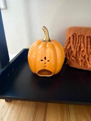 CERAMIC CAT, SOFT ORANGE THROW AND PORCELAIN PUMPKIN TEA-LIGHT CANDLE HOLDER