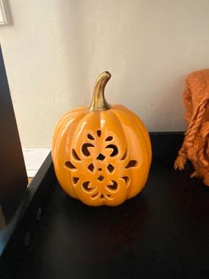 CERAMIC CAT, SOFT ORANGE THROW AND PORCELAIN PUMPKIN TEA-LIGHT CANDLE HOLDER