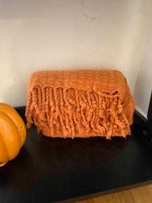 CERAMIC CAT, SOFT ORANGE THROW AND PORCELAIN PUMPKIN TEA-LIGHT CANDLE HOLDER