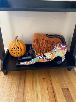 CERAMIC CAT, SOFT ORANGE THROW AND PORCELAIN PUMPKIN TEA-LIGHT CANDLE HOLDER