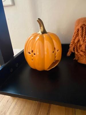 CERAMIC CAT, SOFT ORANGE THROW AND PORCELAIN PUMPKIN TEA-LIGHT CANDLE HOLDER