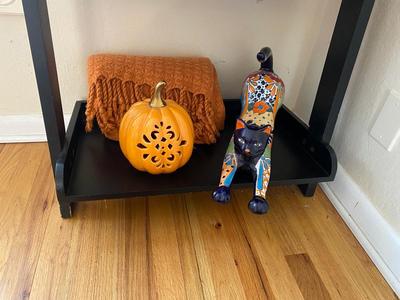 CERAMIC CAT, SOFT ORANGE THROW AND PORCELAIN PUMPKIN TEA-LIGHT CANDLE HOLDER