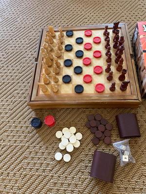 MULTI-WOODEN GAME BOARD- CHESS, CHECKERS, BACKGAMMON ALSO A TICKET TO RIDE AND JENGA